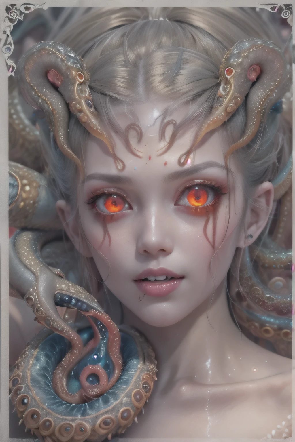 scary and sexy detailed art in color, Portrait, (beautiful and obscene female alien:1.4), (vulgarity1.5), (she has glowing red eyes with no pupils:1.8), (Translucent skin:1.7), ((There is a female genital-like organ in the middle of the forehead:1.9)), (The most beautiful face in the history of the universe:1.2),an evil gaze that seduces, (large mouth:1.1), (sharp teeth like a vampire:1.2), Full body portrait, (bio luminescent:1.5), (Smile wickedly:1.3), (sexypose:1.5), incredibly beautiful matured alien, (she has unparalleled beauty:1.5), No humans, cells are fused, (Lots of translucent tentacles:1.6) extraterrestrial, cell, bio image, best quality, 8K,In 4K_quality, High freshness, Dramatic Lighting, masterpiece:1.5, cinematic quality, detail up, (exquisite details:1.2), high resolution, High freshness, drawing faithfully, (Thick eyebrows:1.2), Beautiful eyes with fine symmetry, (Highly detailed face and eyes:1.2), (Super detailed skin quality feeling:1.1), perfect anatomy, (Beautiful toned body:1.5), (Moist skin:1.2), not wearing makeup, (dark circles:1.1), long canines, cinematic drawing of characters, ultra high quality model, cinematic quality, detail up, (exquisite details:1.2), high resolution, High freshness, drawing faithfully, official art, Unity 8K Wall , 8K Portrait, best quality, Very high resolution, ultra detailed artistic photography, midnight aura, unreal engine 5, Ultra Sharp Focus, art by Amano Yoshitaka, ArtGerm, Roisch, intricate artwork, best quality, masterpiece, ultra high resolution, (photos realistic:1.4), ultra realistic realism, dream-like, nautilus, Creation of fantasy, Snail, Dream Snail, (biopunk nautilus:1.3),Thrilling color schemes, ultra realistic realism, seductively smiling, (white tentacles with stripes:1.2), subtle emerald green accents, (expression of ecstasy:1.6) , in the dark, she has snake-like eyes, Tarot card illustration,Mucha'Impact of,fractal,Geometric pattern,victorian style frames,Encrusted with seven col
