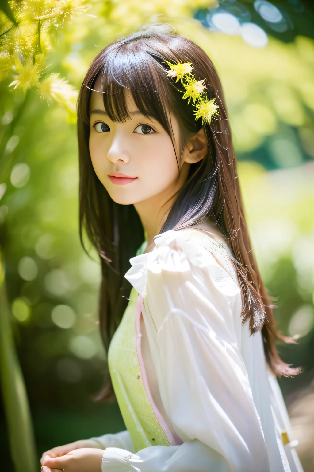 (highest quality,8ｋ,overwhelmingly beautiful:1.2)、(cute japanese girl:1.8、Perfect gravure idol),(Burst Chest),What is dandelion、Green world、spring breeze、