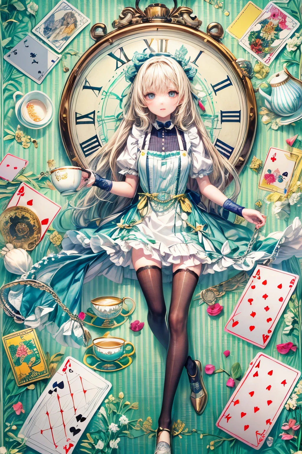 (masuter piece、top-quality、Mystical、Beautifully Aesthetic、Perfect human body balance、offcial art、Impresionismo、von gogh:1.2)、(1 girl in:1.3)、(Fractal Art:1.0)、shinny skin、patterns、(alice in the wonderland:1.2)、(PlayingCards、tea cup、pocket watch:1.3)、(Tie your hair with a ribbon、Blue Dress、a miniskirt、beauty legs、White Apron、white sock、platinum-blonde、Blue eyes)、Exotic wallpapers、highly colorful、Abstract background、Fantastical