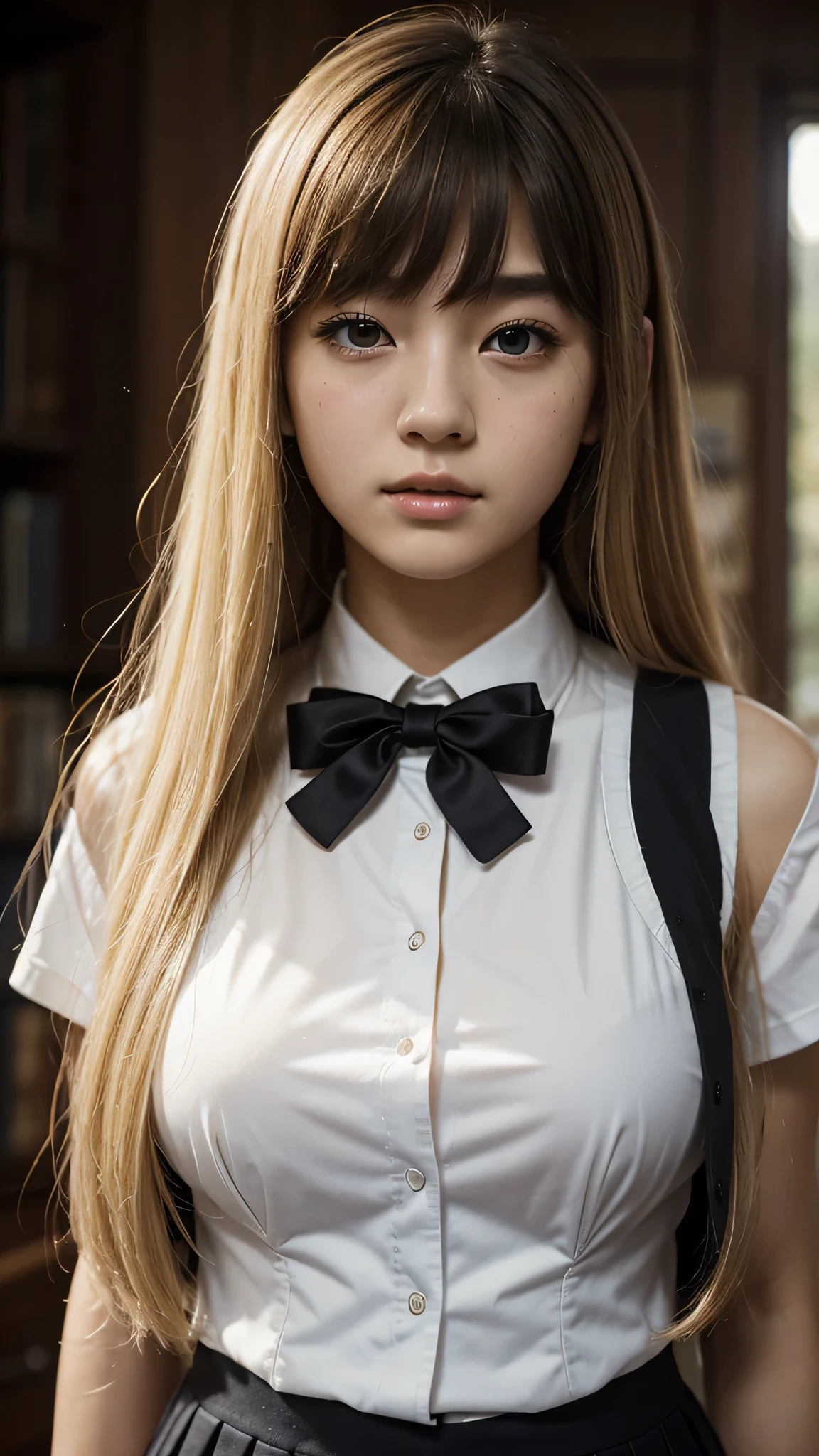 最high quality、best image quality、masterpiece、 girl((JK、16 yearcoming、vest bust、medium bust,wide open breast tea、black eye, blonde、long hair、thin,highest valley、black school uniform)),high quality、beautiful art、background((Large Schools)),debris flies、Depth of written boundary、movie、visual art、perfect art、8K,genuine
