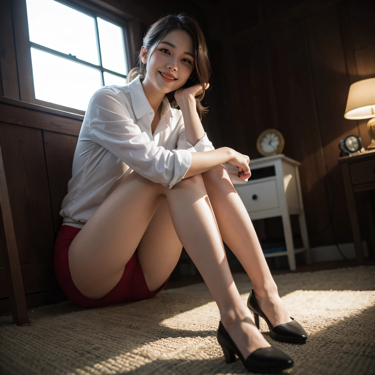 best quality, masterpiece, (lifelike:1.4), 1 girl, faint smile, collared shirt, Above the legs, dramatic lighting, from below,whole body