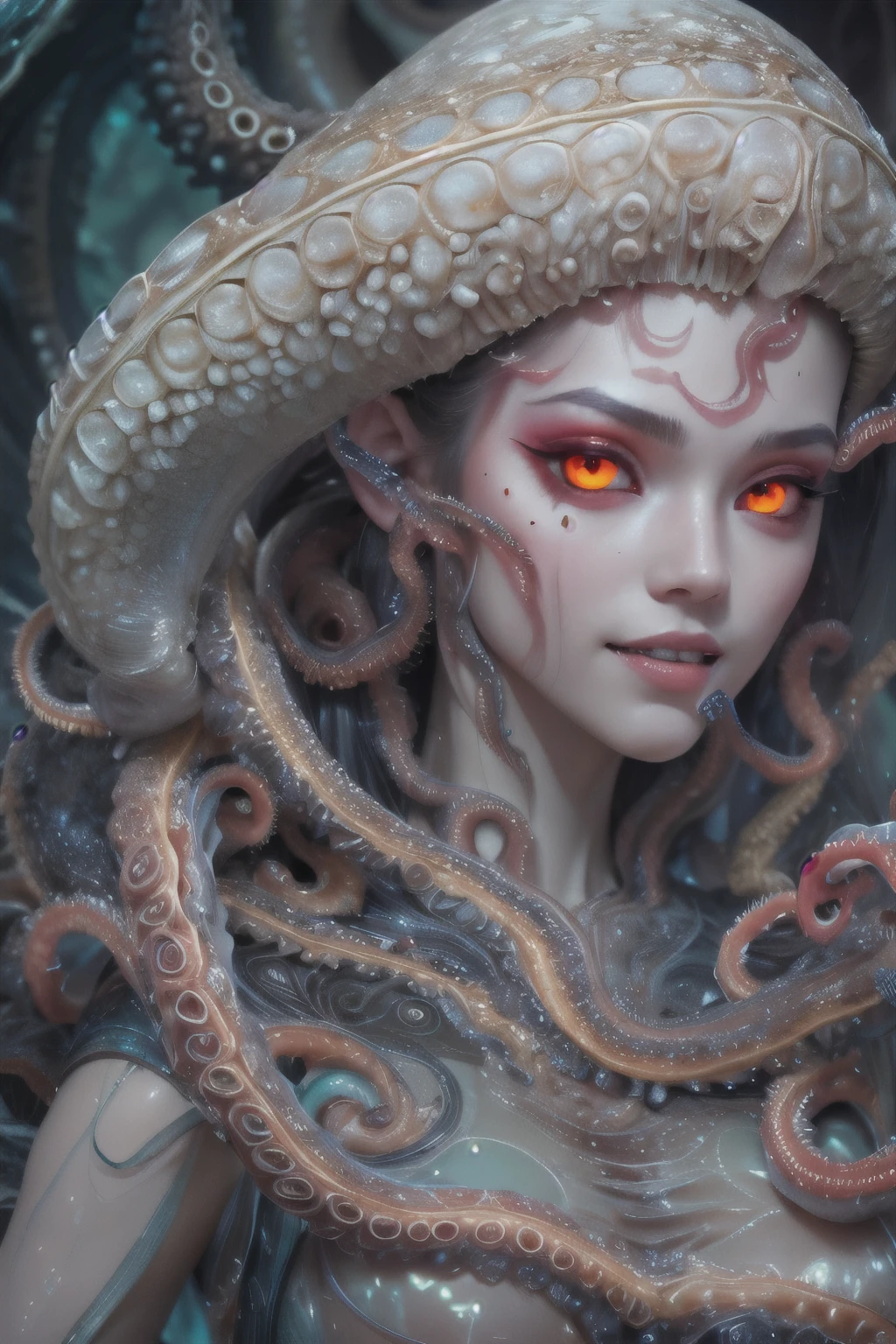 scary and sexy detailed art in color, Portrait, (beautiful and obscene female alien:1.4), (vulgarity1.5), (she has glowing red eyes with no pupils:1.8), (Translucent skin:1.7), ((There is a female genital-like organ in the middle of the forehead:1.9)), (The most beautiful face in the history of the universe:1.2),an evil gaze that seduces, (large mouth:1.1), (sharp teeth like a vampire:1.2), Full body portrait, (bio luminescent:1.5), (Smile wickedly:1.3), (sexypose:1.5), incredibly beautiful matured alien, (she has unparalleled beauty:1.5), No humans, cells are fused, (Lots of translucent tentacles:1.6) extraterrestrial, cell, bio image, best quality, 8K,In 4K_quality, High freshness, Dramatic Lighting, masterpiece:1.5, cinematic quality, detail up, (exquisite details:1.2), high resolution, High freshness, drawing faithfully, (Thick eyebrows:1.2), Beautiful eyes with fine symmetry, (Highly detailed face and eyes:1.2), (Super detailed skin quality feeling:1.1), perfect anatomy, (Beautiful toned body:1.5), (Moist skin:1.2), not wearing makeup, (dark circles:1.1), long canines, cinematic drawing of characters, ultra high quality model, cinematic quality, detail up, (exquisite details:1.2), high resolution, High freshness, drawing faithfully, official art, Unity 8K Wall , 8K Portrait, best quality, Very high resolution, ultra detailed artistic photography, midnight aura, unreal engine 5, Ultra Sharp Focus, art by Amano Yoshitaka, ArtGerm, Roisch, intricate artwork, best quality, masterpiece, ultra high resolution, (photos realistic:1.4), ultra realistic realism, dream-like, nautilus, Creation of fantasy, Snail, Dream Snail, (biopunk nautilus:1.3),Thrilling color schemes, ultra realistic realism, seductively smiling, (white tentacles with stripes:1.2), subtle emerald green accents, (expression of ecstasy:1.6) , in the dark, she has snake-like eyes