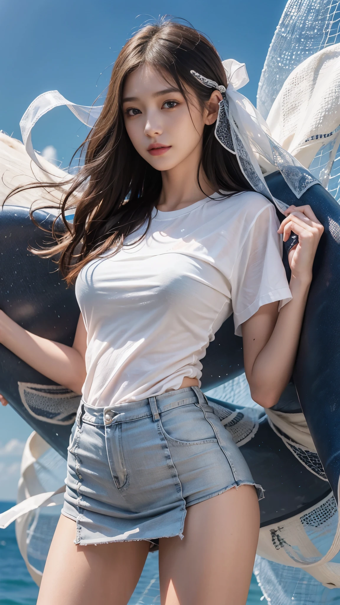 (photorealistic:1.4), (Best image quality:1.0), (Super high resolution A:1.0), 8 thousand, raw photo, (masterpiece:0.2), (pure eros face_V1:0.5)、(best quality Detail:1.2)、realistic、8 thousand UHD、highest resolution、(1 girl:1.2)、very detailed、High-quality textures、delicate details、The Details、very detailed CG、high quality shadows、Detail : beautiful and delicate face、Detail : beautiful delicate eyes、depth of field、ray tracing,1 girl, beautiful skin, facing the front, sky porn, Magic hour, (realistic:1.3), in detail, (realistic:1.2), (best quality), (intricate details), (Sexy Round T-Shirts:1.3), (short miniskirt:1.3), (tits huge:1.2), Glossy breasts, (gray hair), (She is wearing underwear), (small face:1.3), (beautiful smile), (skin luster:1.5), 25 year old woman, Surfboard with huge clouds in blue sky,
