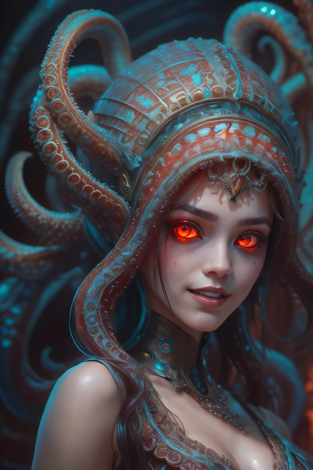 scary and sexy detailed art in color, Portrait, (beautiful and obscene female alien:1.4), (vulgarity1.5), (she has glowing red eyes with no pupils:1.8), (Translucent skin:1.7), ((There is a female genital-like organ in the middle of the forehead:1.9)), (The most beautiful face in the history of the universe:1.2),an evil gaze that seduces, (large mouth:1.1), (sharp teeth like a vampire:1.2), Full body portrait, (bio luminescent:1.5), (Smile wickedly:1.3), (sexypose:1.5), incredibly beautiful matured alien, (she has unparalleled beauty:1.5), No humans, cells are fused, (Lots of translucent tentacles:1.6) extraterrestrial, cell, bio image, best quality, 8K,In 4K_quality, High freshness, Dramatic Lighting, masterpiece:1.5, cinematic quality, detail up, (exquisite details:1.2), high resolution, High freshness, drawing faithfully, (Thick eyebrows:1.2), Beautiful eyes with fine symmetry, (Highly detailed face and eyes:1.2), (Super detailed skin quality feeling:1.1), perfect anatomy, (Beautiful toned body:1.5), (Moist skin:1.2), not wearing makeup, (dark circles:1.1), long canines, cinematic drawing of characters, ultra high quality model, cinematic quality, detail up, (exquisite details:1.2), high resolution, High freshness, drawing faithfully, official art, Unity 8K Wall , 8K Portrait, best quality, Very high resolution, ultra detailed artistic photography, midnight aura, unreal engine 5, Ultra Sharp Focus, art by Amano Yoshitaka, ArtGerm, Roisch, intricate artwork, best quality, masterpiece, ultra high resolution, (photos realistic:1.4), ultra realistic realism, dream-like, nautilus, Creation of fantasy, Snail, Dream Snail, (biopunk nautilus:1.3),Thrilling color schemes, ultra realistic realism, seductively smiling, (white tentacles with stripes:1.2), subtle emerald green accents, (expression of ecstasy:1.6) , in the dark, she has snake-like eyes