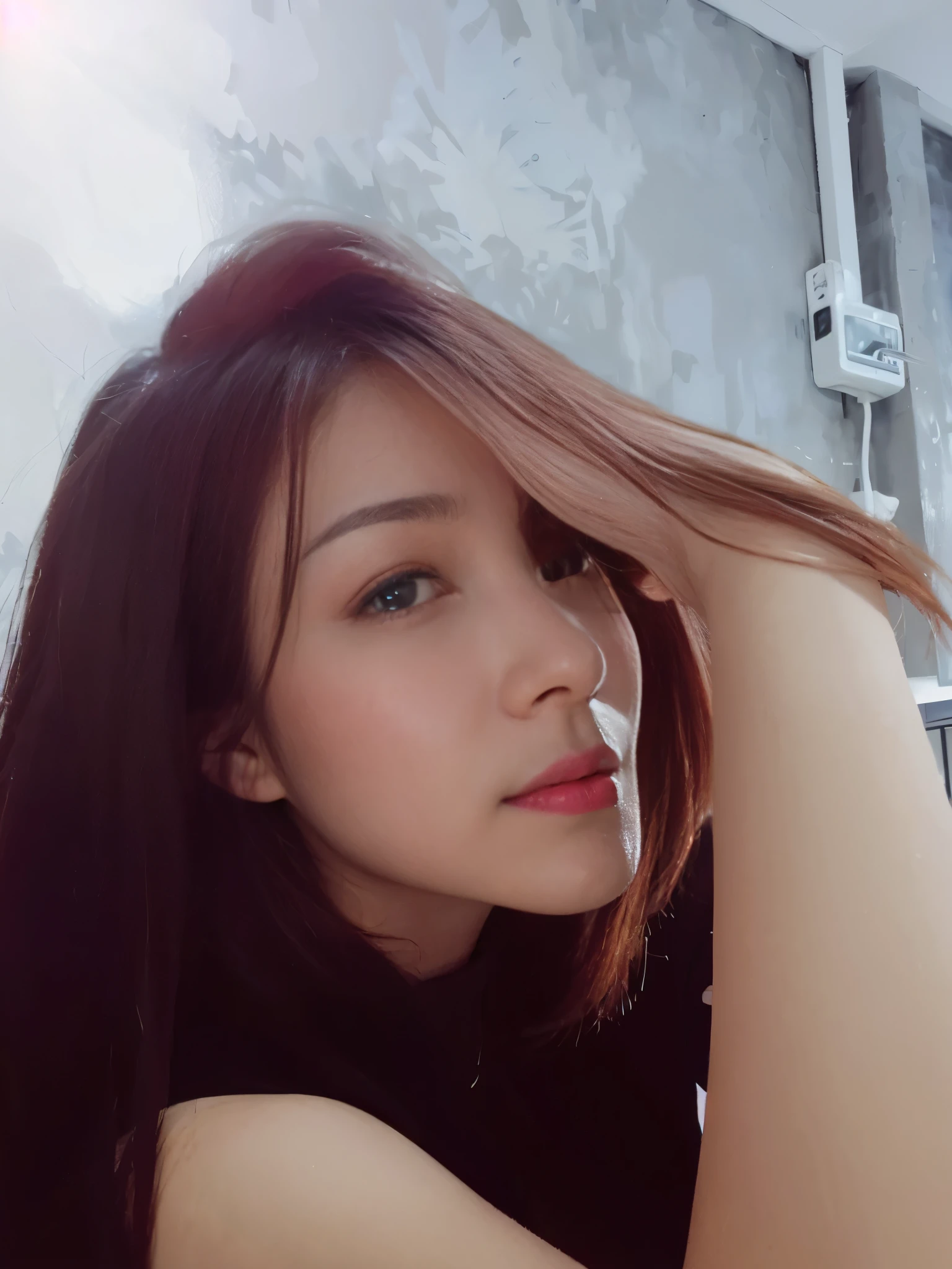 masutepiece, Best Quality, Illustration, Ultra-detailed, finely detail, hight resolution, 8K Wallpaper, Perfect dynamic composition, Beautiful detailed eyes, Long Sleeve Casual Wear,Medium Hair,small tits,Natural Color Lip, Bold sexy poses,Smile,Harajuku、45 years girl、lovely 、Sexy shot looking at camera