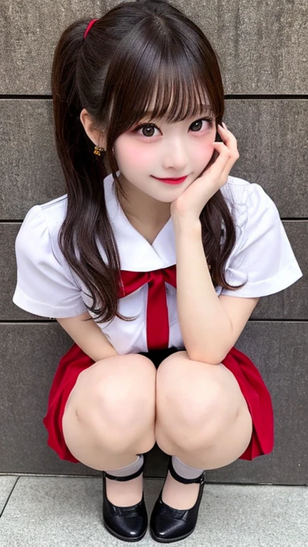 ((Take a full body photo)), ((super detailed, highest quality, ultra high resolution, masterpiece, 8In K)), Japanese beautiful girl((Super cute face:1.9)),((Both eyes have double eyelids:1.3)), ((Eyebrows thin)), ((natural makeup)), (A sloppy smile, Looking at the camera), (Brown、Hair style is ponytail、Bangs are crisp), ((NSFW)), ((10 yant body shape)), ((The breasts are beautiful)), ((My butt is a peach butt)), ((The pussy is super precise)), ((My pussy is smooth)), ((Slim waist naked)), ((Full two hands)), ((Both legs are beautiful)), ((NSFW)),, ((squat with legs apart)), (((no bra)), ((no panties))), ((The super miniskirt flips up and you can see her pussy)), ((sailor suit, uniform, ((Full visible)), Red collar, short sleeve white shirt:1.2, red ribbon)), ((no panties)), ((red super mini pleated skirt:1.5, (full view))), (Brownのローファー:1.1),