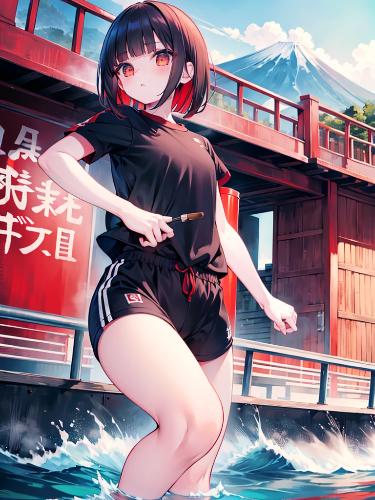 River banks, Fuji Mountain, girl running, ((Red Bloomer)), Black tee shirt, ((blunt bangs)), (shortcut), best shot,