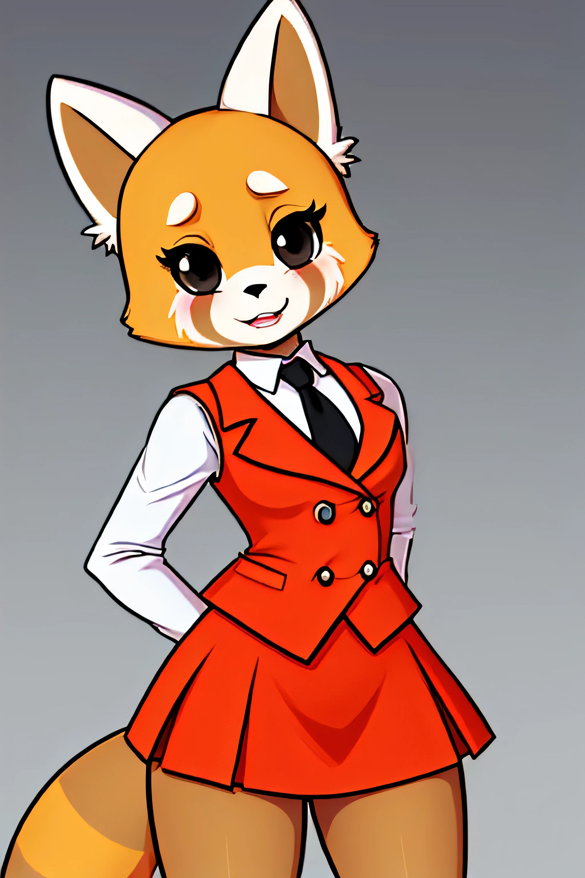masterpiece, best quality, high resolution, cartoon style, Retsuko smile, white animal ears, long regal tail, body fur, cowboy shot, (((skirt suit))), suit and tie, (((three-piece suit))), dress shirt with white collar, shirt and tie, (((silk necktie))), ((blazer)), ((suit jacket)), open jacket, ((waistcoat)), ((double-breasted waistcoat)), (((bodycon miniskirt))), pencil skirt, tights, pocket square, tie clip, orange and brown fur, looking at viewer, detailed face, detailed eyes, black eyes, small breasts, office lady uniform, artstation female body, dynamic pose, solo, 1girl, character focus, fox face 