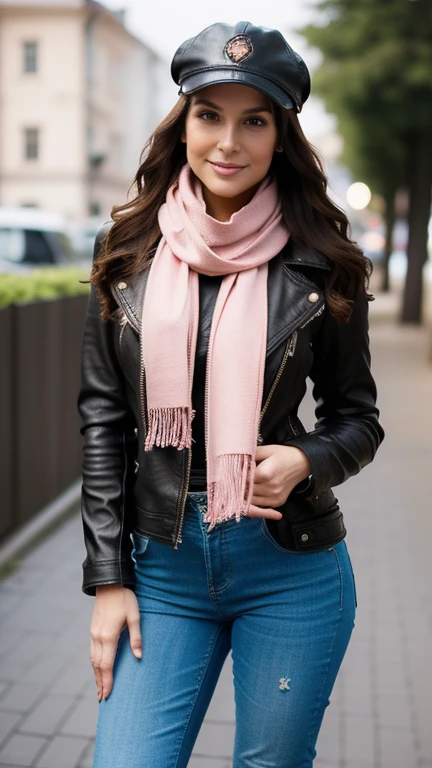 gorgeous, pretty, warm-hearted, kind-hearted, brighty, cheerful, sweet, polite, sensitive, sensible, shiny, charming, stylish, long dark brown wavy haired russian woman, she is dressed with skinny denim pants, a leather biker jacket, riding boots, a black newsboy cap and a pastel pink scarf.