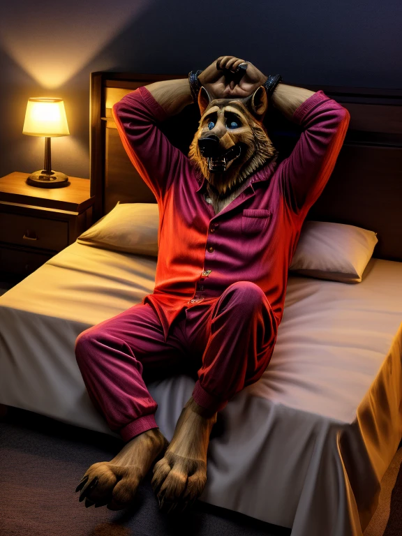 Barefoot Smirnov is lying on a bed with his arms and legs spread, wearing red pajamas, handcuffed to the bed by his wrists and ankles, detailed nice big paws with claws, in a trance, a expression of weak resistance to hypnosis on his face, drooling, green glow in his eyes. high resolution, anatomically correct