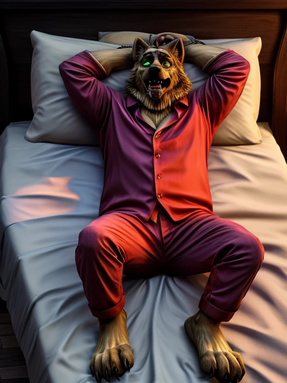 Barefoot Smirnov is lying on a bed with his arms and legs spread, wearing red pajamas, handcuffed to the bed by his wrists and ankles, detailed nice big paws with claws, in a trance, a expression of weak resistance to hypnosis on his face, drooling, green glow in his eyes. high resolution, anatomically correct