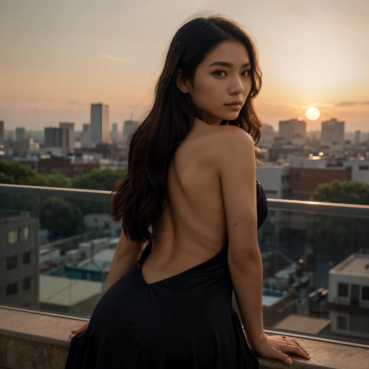 photo of black hair female, natural skin, realistic skin, beautiful refined oily skin, real skin texture, sharp face lines, skinny face, beautiful slim face, black long hair, beautiful dimples cheeks, slim beautiful japanese face, beautiful face, beautiful nose, masterpiece, high resolution, 21 years old, busty female, american mixed japanese ethnic female, captured in silhouette against a breathtaking sunset, in a backless evening gown, a sensual, longing gaze over the shoulder, the skyline painting a dramatic backdrop