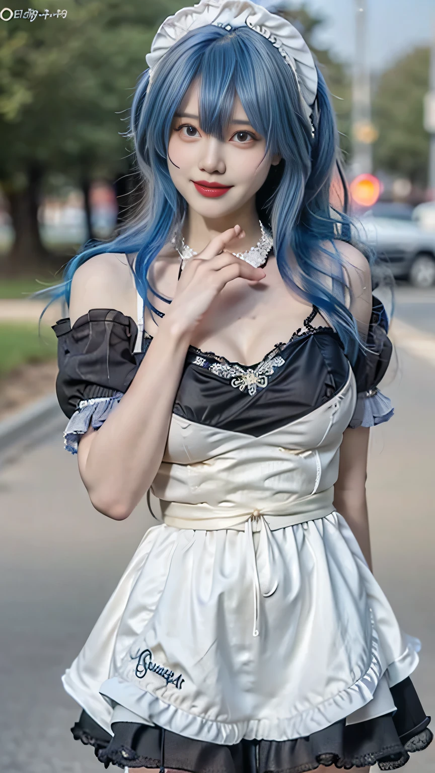 hyper hard disk, masutepiece, High quality, high details, Best Quality, hight resolution, hard disk, 32K, 16 K, 8K, 4K, awardwinning, oFFcial art, BREAK, surrealism, Realism, Depth oF Field, Cinematic lighting, backlit lighting, simmetry, Bokeh, F/1.8, Eye level shots, 35 mm, hasselblatt, An extremely delicate and beautiFul, Extremely detailed, amazing, Finedetail, masutepiece, Best Quality, oFFcial art, absurderes, unbelievable Ridiculous, hugeFilesize, Ultra-detailed, hight resolution, Extremely detailed, BeautiFul detailed girl, (Cowboy Shot:1.25), BREAK, happy tear, Streaming Tears, (little smile face:1.35), Extremely detailed eyes and Face, BeautiFul detailed eyes, light in Face, 17 years old, (ganyu_maid:1.5), (detailed ganyu_maid:1.5), (complex ganyu_maid ornament:1.5), detailed long hair:1.2, light-blue hair, Bangs, detailed hairs, volume hairs, (slender:1.1), (huge-breasted:1.5), (full looking breasted:1.3), perfect eyes, beautiful eyes, cute lips, small waist, small thighs, PerFect anatomy, perFectly proportion, beautiful, (beautiful outdoor Background:1.25, Detailed background), trees, clouds, (direct gaze:1.4), (3/4 body in frame shot:1.4), (focus on thighs:1.4), (knee in frame:1.4), (flashing thighs:1.4), (both hands behind back:1.5), (projecting breast:1.4), (facing viewers:1.4), (front breast:1.4), (long messy hair:1.5), (seductive modeling pose:1.5), Ganyu_maid,