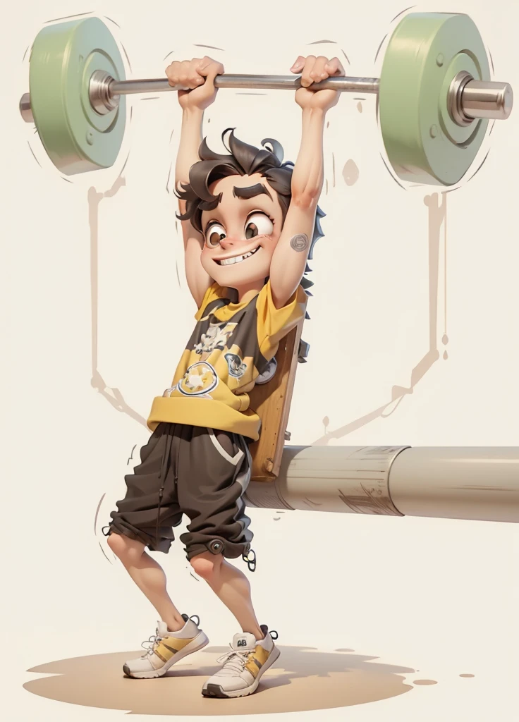Create a humorous illustration featuring a skinny, cartoony teenager character. The character should be struggling to keep a barbell with a huge weight above his head. Emphasize big teeth and big eyes to enhance the comedic aspect of the scene, front-left view