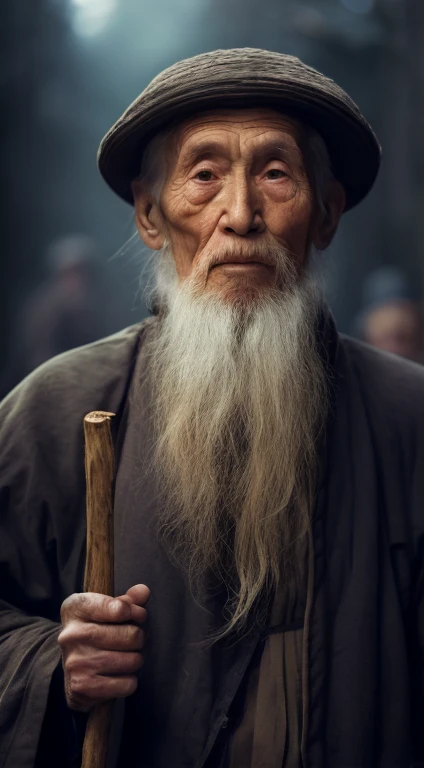 with a long beard,wearing a hat、Alafield man holding a stick, An elder, elder portrait, sharp portrait, calm expression, Wise elder, stunning portrait, beautiful portrait, elder, portrait photo of an elder, a elder, calm expression, portrait of monk, of an elder, Portrait of an elder, perfectly centered portrait