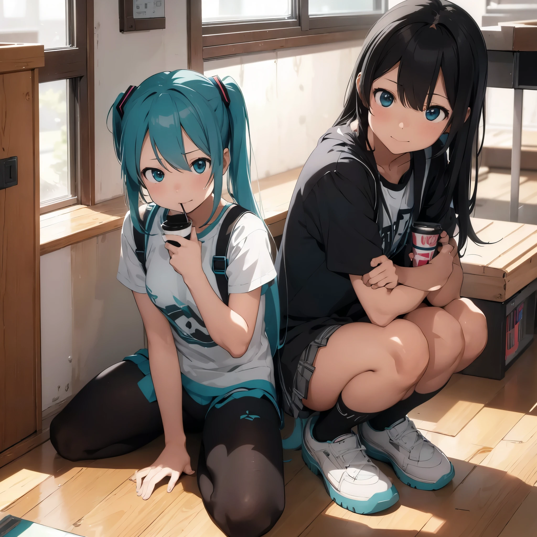 (dynamic angle:1.4), Hatsune Miku,1 girl,Anime girl sitting on the floor with a coffee cup,Created at Anime Artist Studio, anime girl drinks a drink, 2D CG, Advanced digital anime art, anime character, anime girl squatting, anime style