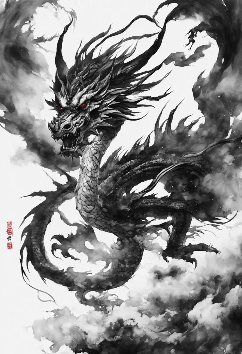 ink painting dragon、black and white divine dragon、black and white ink painting、dragon ink painting、Divine dragon ink painting、no people are depicted、Ink painting of divine dragon only、