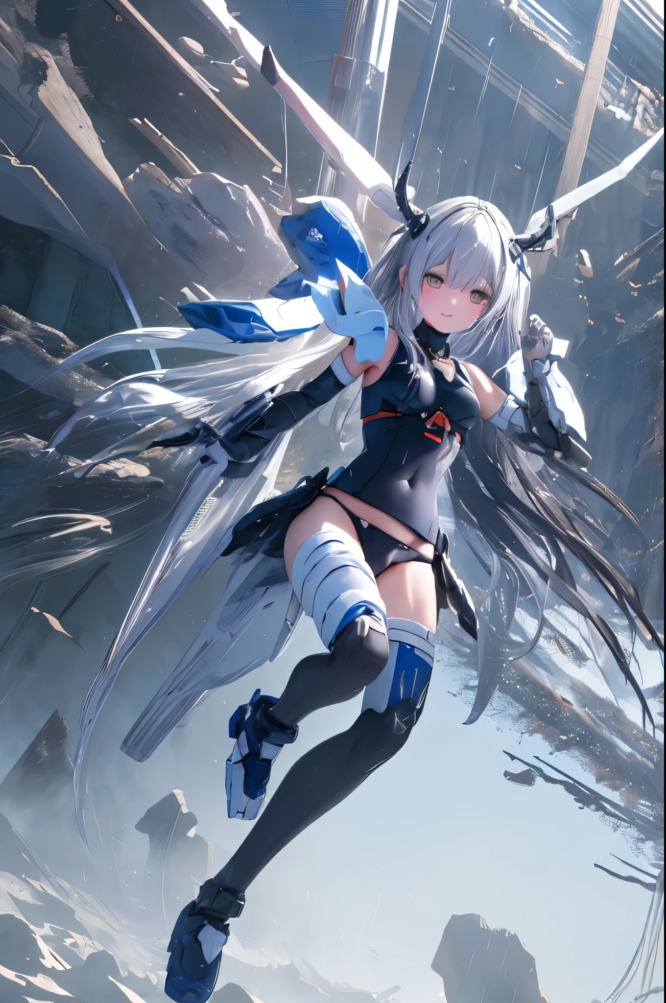 (highest quality)), ((masterpiece)), (very detailed: 1.3), 3D, (wear dark blue Old School Swimsuit under armor:1.3), 1 girl, unarmored waist, wears a futuristic white Gundam mecha,(Gundam), with headgear, add v-fin to the forehead, armored shoulders,armored under arms, armored under legs, dark blue Old School Swimsuit, 2 marine thrusters attached on back, marine thrusters are symmetrical, under the calm waters of Iceland:1.2, under water, multilayer textureperfect proportions, octane rendering, duotone lighting, Low ISO, wide aperture, White balance, Rule of thirds, ultra HD16k, HDR (High Dynamic Range), Ray Tracing, NVIDIA RTX, Super Resolution, Subsurface Scattering, PBR Texturing, Post Processing, Anisotropic Filtering, Depth of Field, Maximum Clarity and Clarity, High efficiency subpixel, subpixel convolution, particles of light, light scattered, Tyndall effect, full body:1.5, battle pose, cute, (cute:1.2), (セミロング:1.3),三つ編み, 黒髪, 太い眉毛, 薄い色の虹彩, 大きくて輝いている黒い瞳, 長いまつげ, 小さく薄い色の自然な唇, (Average face of Japanese idols), (日本人特有の童顔:1.3), (), 広いおでこ:1.2, ふっくらした頬, 小さな顎, looking at viewer,Focus on the eyes