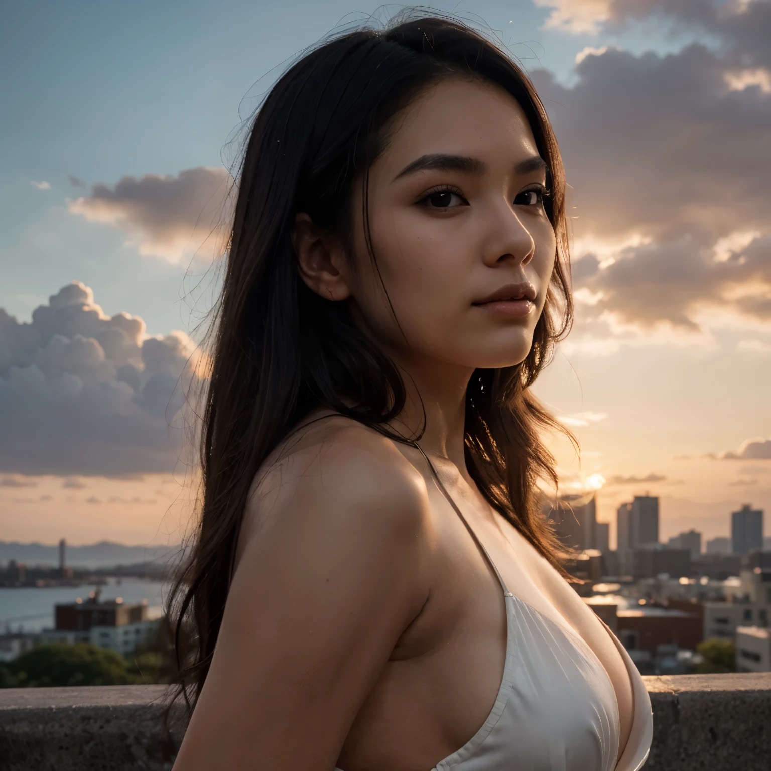 photo of black hair female, natural skin, realistic skin, beautiful refined oily skin, real skin texture, sharp face lines, skinny face, beautiful slim face, black long hair, beautiful dimples cheeks, slim beautiful japanese face, beautiful face, beautiful nose, masterpiece, high resolution, 21 years old, busty female, american mixed japanese ethnic female, captured in silhouette against a breathtaking sunset, in a backless evening gown, a sensual, longing gaze over the shoulder, the skyline painting a dramatic backdrop, extreme medium distance shot, dutch angle