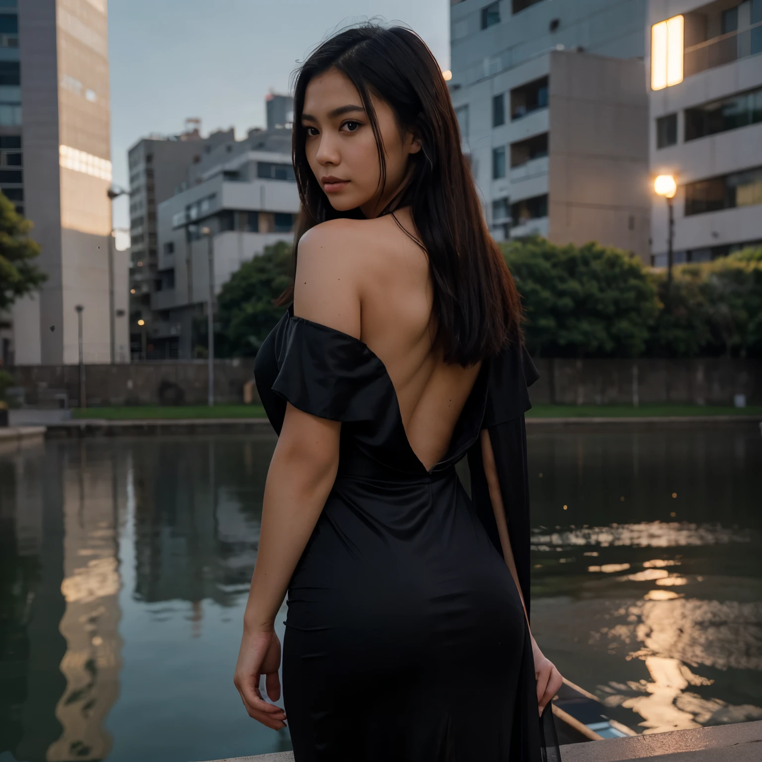 photo of black hair female, natural skin, realistic skin, beautiful refined oily skin, real skin texture, sharp face lines, skinny face, beautiful slim face, black long hair, beautiful dimples cheeks, slim beautiful japanese face, beautiful face, beautiful nose, masterpiece, high resolution, 21 years old, busty female, american mixed japanese ethnic female, captured in silhouette against a breathtaking sunset, in a backless evening gown, a sensual, longing gaze over the shoulder, the skyline painting a dramatic backdrop, extreme medium distance shot, dutch angle