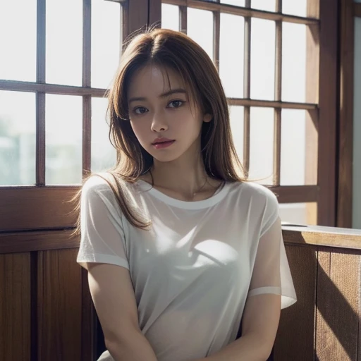 The upper body is transparent T-shirt, Lower body is naked, ((masterpiece)), ((highest quality)), (super detailed), ((very detailed)), 4K, (8K), highest quality, (NSFW), (beautiful)3, genuineistic, genuine, Japanese style room, pretty girl, nude, beautiful light brown hair, beautiful brown eyes, ((beautiful eyes)), slim, ((aroused)), straddle, ((vaginal sex)), vaginal sex standing from side, japanese girl, ((pinch the nipple with your right hand,)), (look away), ((Touch the crotch with your left hand))