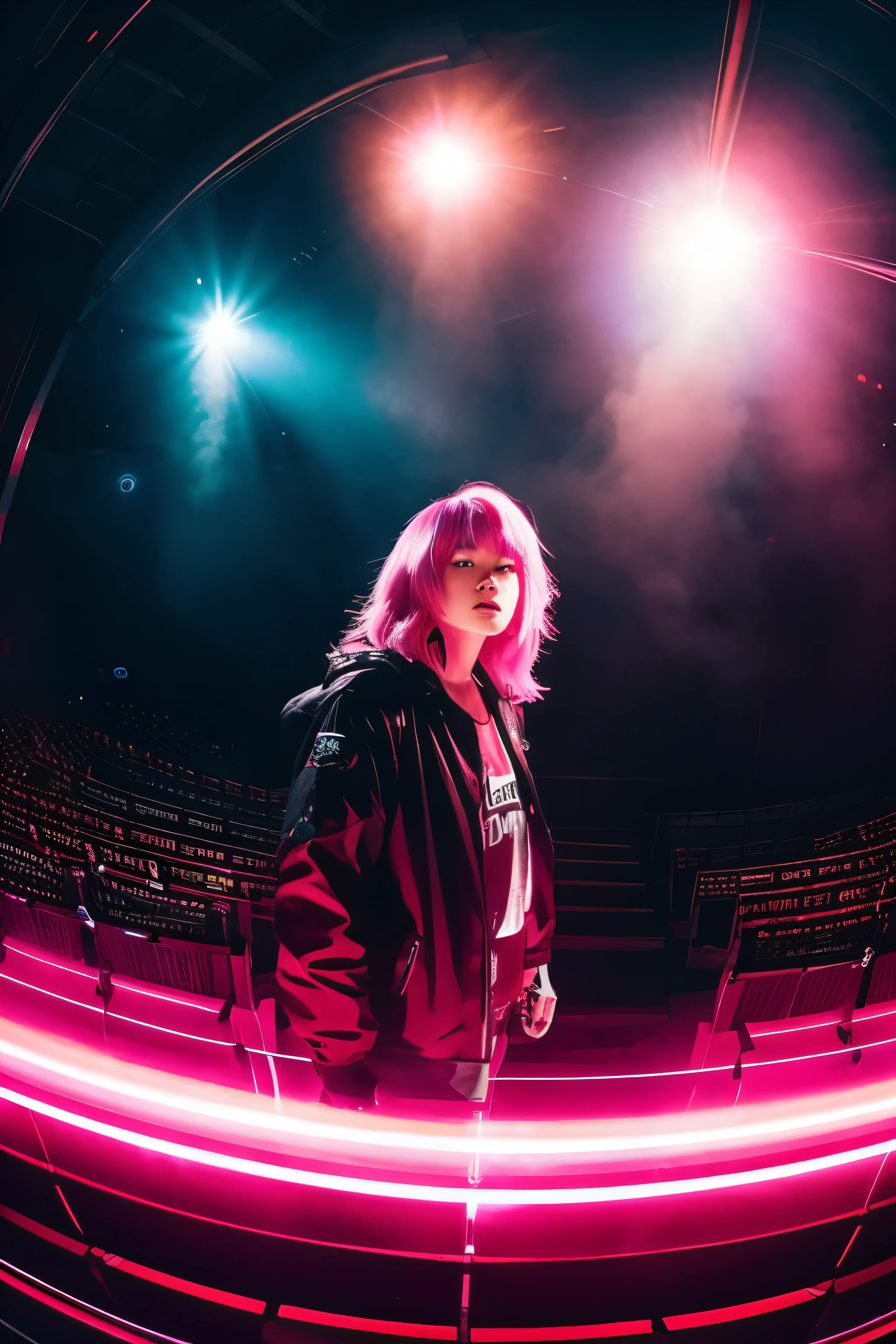 cyber punk, pink hair, futuristic, surreal, ultra-wide, wide angle lens, look up, dynamic movement, expressive, vibrant, sacred movie edge, Laser hologram