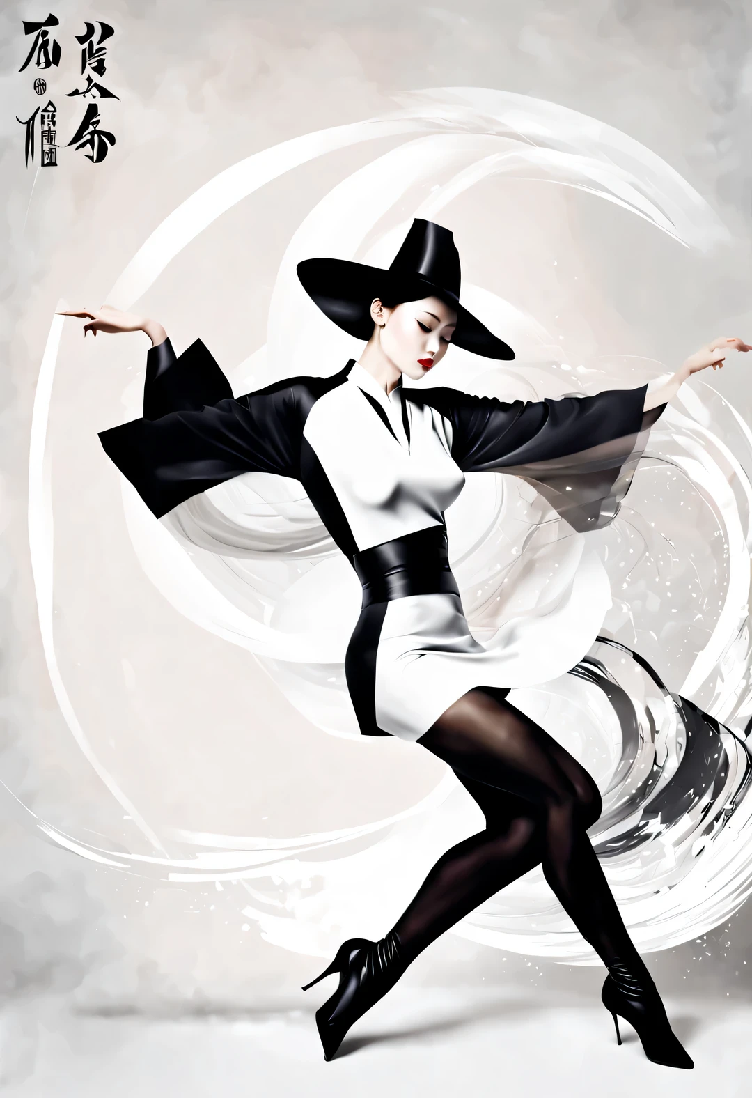 (Art dance poster design), (Half body), (Beautiful and ethereal Chinese dancers dance gracefully), (Wear stylish and modern workplace attire: 0.8), head-raised posture, Fair and flawless skin, high nose bridge, (Face covered by big hat: 1.37), bitter, (Limbs are extremely slender and beautiful: 1.1), Beautiful features, (karate kyaku),
rotating fog, Noble temperament, black and white illustration, Chinese ink painting, black hair, meatball, messy, Proud, Surrealism, contemporary art photography, illustration action painting, abstract expressionism, Pixar, depth of field, motion blur, backlight, Falling shadows, Gradient glow, Scale layers, Start at the bottom, Sony FE General Manager, ultra high definition, masterpiece, Accuracy, textured skin, Super details, high detail, high quality, Award-winning, best quality, Level, 16k,