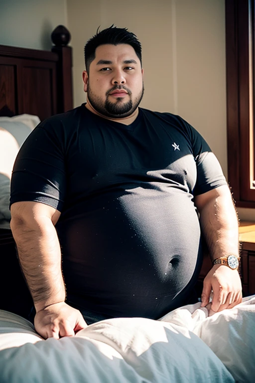 fat man,Strong,tight,Handsome,short hair,Sense of heaviness,The belly is particularly large,Plump,Hirsutistic,Asian bear illustration,Lying in bed,Domineering,square face