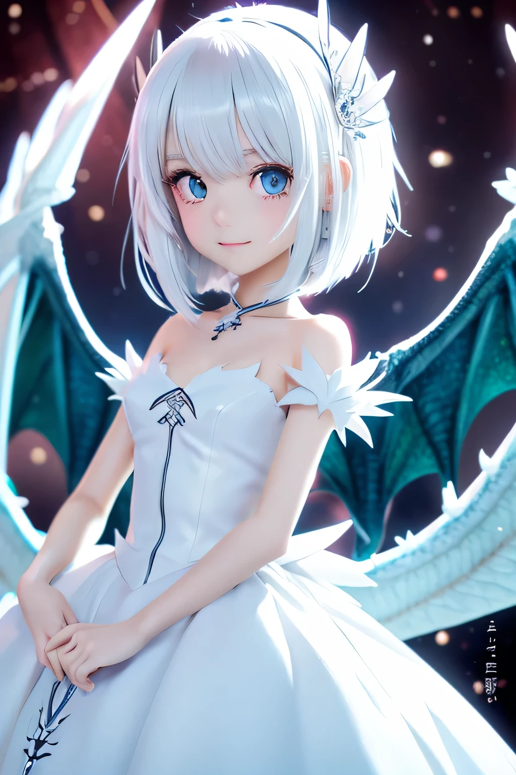 anime style,((masterpiece, highest quality))++, short hair,detailed light+, hair details+, details hands+ ,girl,beautiful white hair,black dress,Dragon Daughter,blue eyes.white dragon wing,white dragon tail,Red bristles