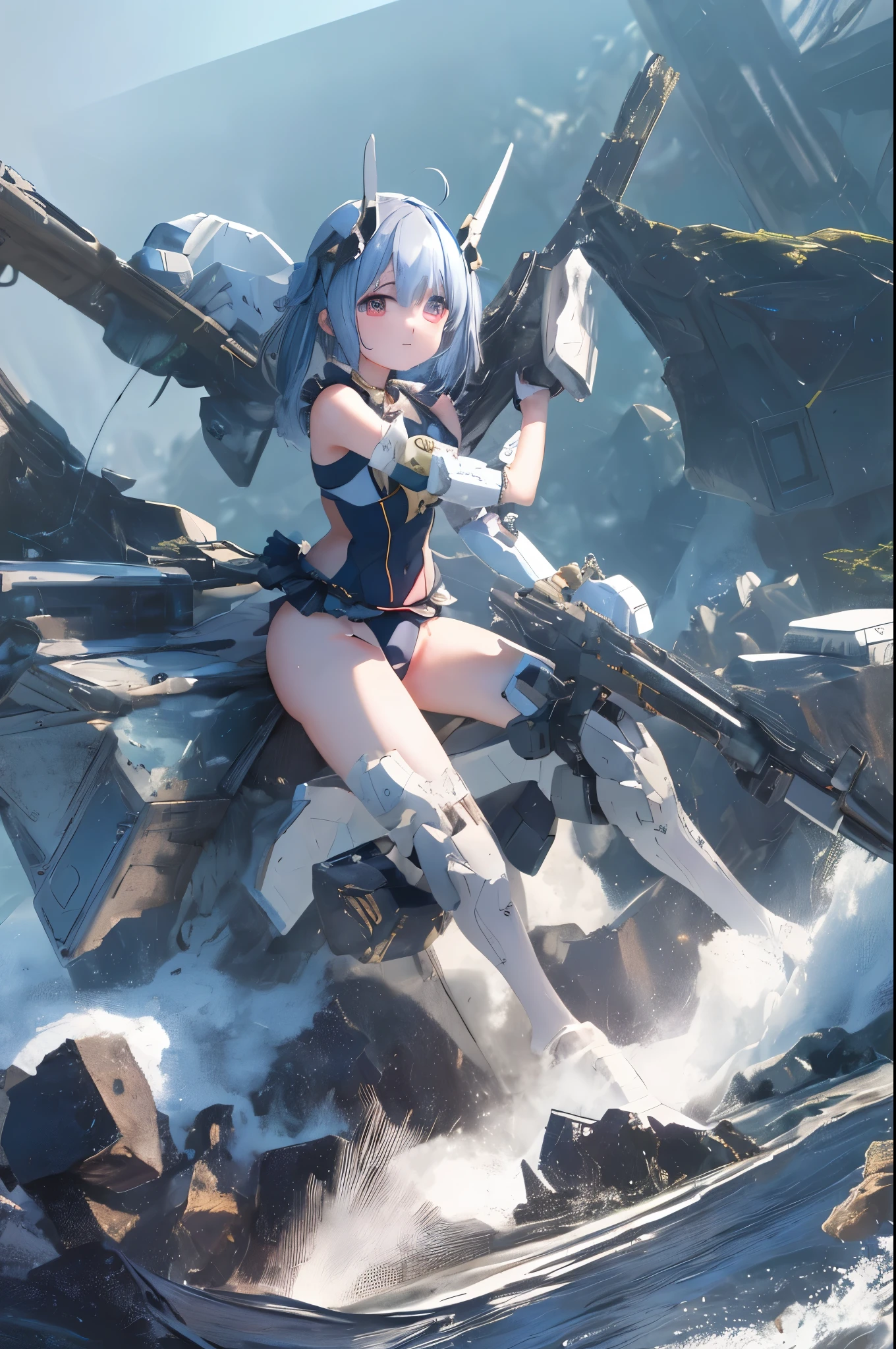 (highest quality)), ((masterpiece)), (very detailed: 1.3), 3D, (wear dark blue Old School Swimsuit under armor:1.3), 1 girl, unarmored waist, wears a futuristic white Gundam mecha,(Gundam), with headgear, add v-fin to the forehead, armored shoulders,armored under arms, armored under legs, dark blue Old School Swimsuit, 2 marine thrusters attached on back, marine thrusters are symmetrical, under the calm waters of Iceland:1.2, under water, multilayer textureperfect proportions, octane rendering, duotone lighting, Low ISO, wide aperture, White balance, Rule of thirds, ultra HD16k, HDR (High Dynamic Range), Ray Tracing, NVIDIA RTX, Super Resolution, Subsurface Scattering, PBR Texturing, Post Processing, Anisotropic Filtering, Depth of Field, Maximum Clarity and Clarity, High efficiency subpixel, subpixel convolution, particles of light, light scattered, Tyndall effect, full body:1.5, battle pose, cute, (cute:1.2), (セミロング:1.3),三つ編み, 黒髪, 太い眉毛, 薄い色の虹彩, 大きくて輝いている黒い瞳, 長いまつげ, 小さく薄い色の自然な唇, (Average face of Japanese idols), (日本人特有の童顔:1.3), (baby face), 広いおでこ:1.2, ふっくらした頬, 小さな顎, looking at viewer,Focus on the eyes