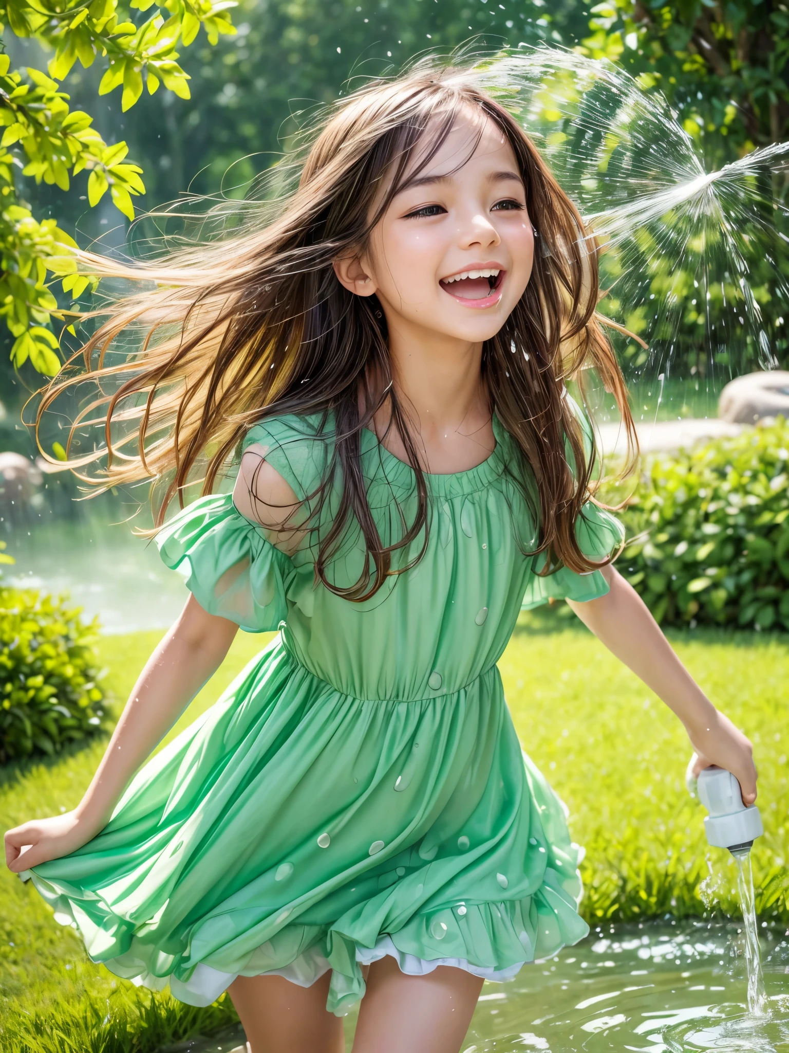 ultra-detailed,lush green grass,girl frolicking in the water spraying from the automatic watering machine,sunlight shining through the water droplets,dreamy atmosphere,playful expression on the girl's face,colorful summer dress,sparkling water,joyful movement,refreshing splash,sprinkler rainbows,background of blooming flowers,lively scene,bright and vibrant colors