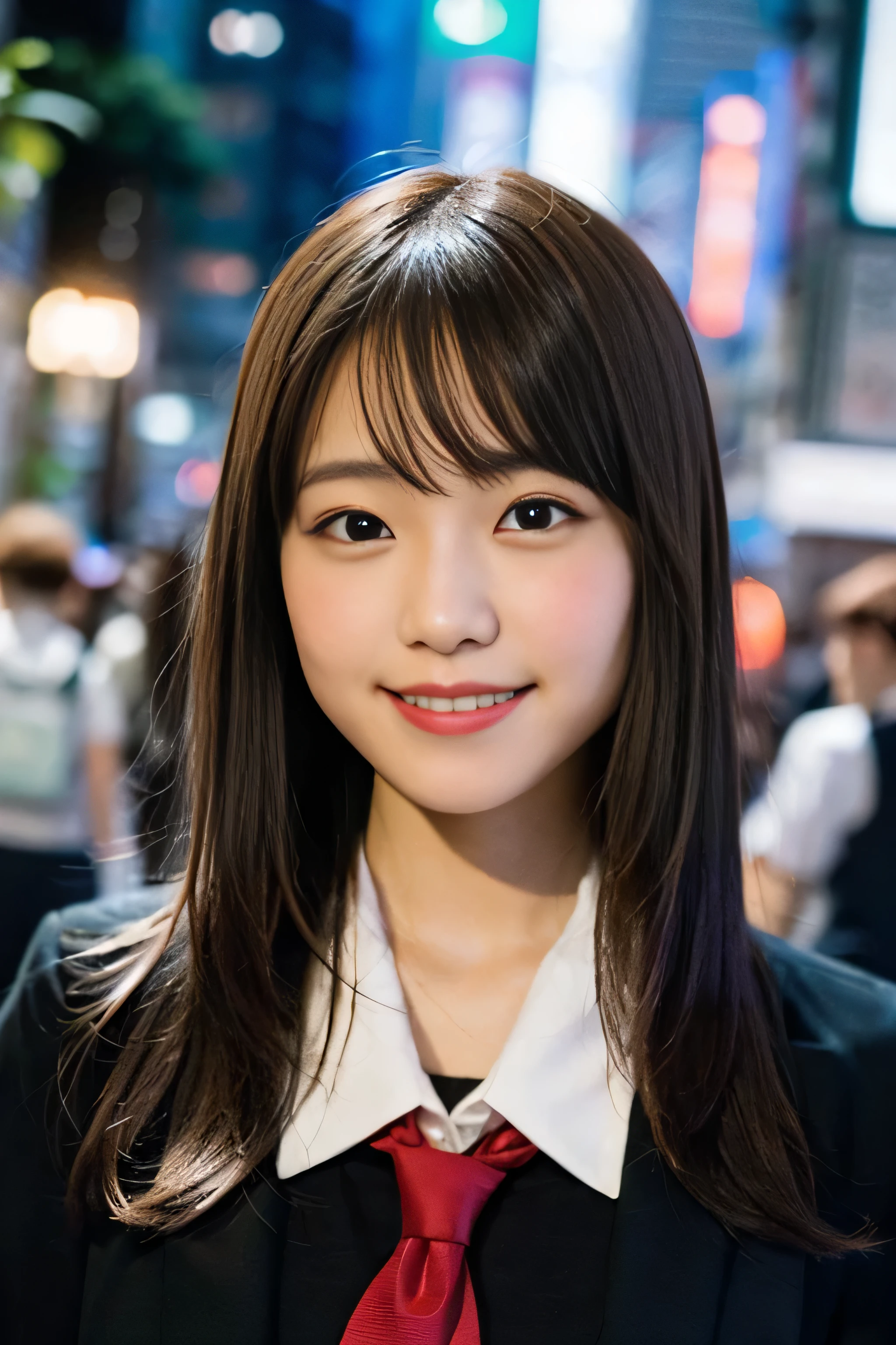 (8K、Raw photo、Highest image quality、master piece:1.2)、(real、フォトreal:1.37)、super detail、ultra high resolution、girl、1 person、Eyes that see the beholder、Beautiful face in every detail、smile、constriction、 (slim waist) :1.3)、dense and beautiful skin、skin texture、flowing hair、professional writing、human body as a whole、long hair、blonde、high school girlの制服、high school girl、School zone、Tokyo、cityscape、red tie、bob hair、happy smile、baby face smile、No makeup、、A little chubby、E cup breasts、