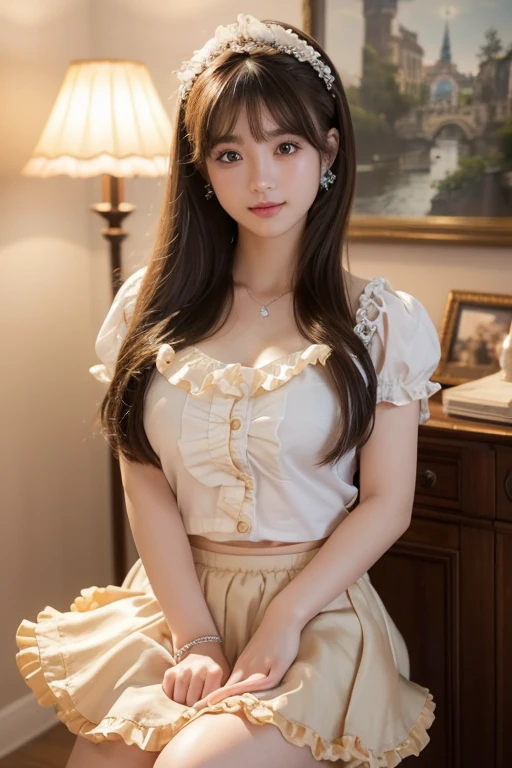Smile、night、original photography、(((ultimate beauty portrait)))、((sparkling skin))、1 girl、Beautiful girl from Prague、bright expression、((brown hair))、(B cup no)、(frilly skirt:1.5)、((Big eyes sparkling like gems))、cardigan、open your clothes、pantyhose、Glowing and radiant skin、(medium hair)、(silk ponytail)、(standing)、(from below)、under skirt、(from below看内衣的特写)、Eyeliner、beautiful bangs、hair between eyes、((Masterpiece、top quality、Super detailed、lamp、intricate details、high resolution、Very detailed))、background for this、8 kood、digital SLR、soft light、high quality、film grain、富士XT3 、shallow view deep、natural soft light、Kamimei、plump bust