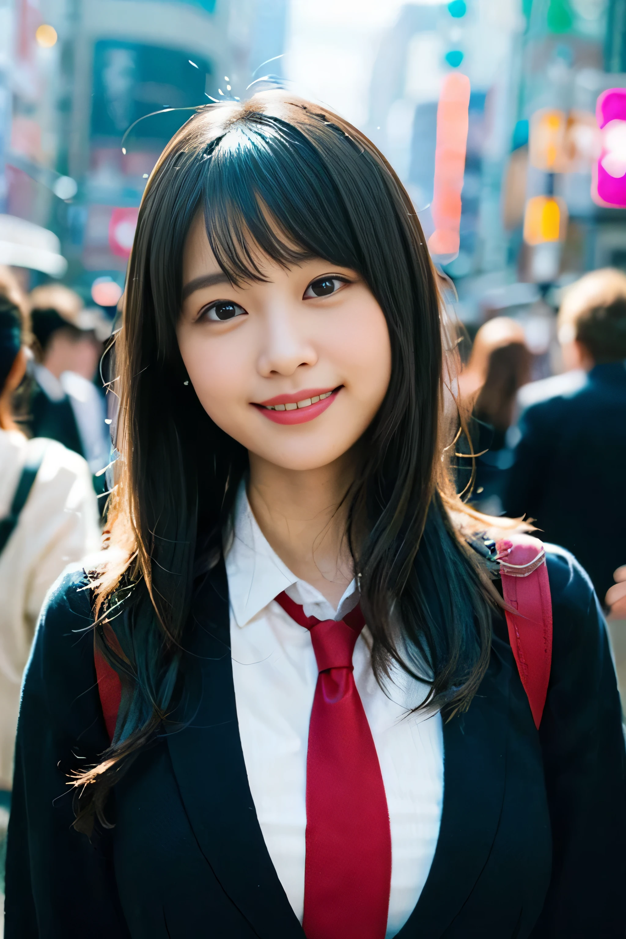 (8K、Raw photo、Highest image quality、master piece:1.2)、(real、フォトreal:1.37)、super detail、ultra high resolution、girl、1 person、Eyes that see the beholder、Beautiful face in every detail、smile、constriction、 (slim waist) :1.3)、dense and beautiful skin、skin texture、flowing hair、professional writing、human body as a whole、long hair、blonde、high school girlの制服、high school girl、School zone、Tokyo、cityscape、red tie、bob hair、happy smile、baby face smile、No makeup、16 years old、A little chubby、E cup breasts、