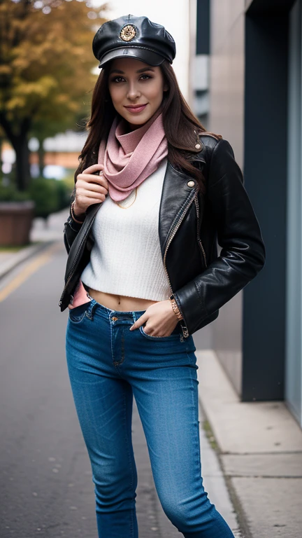 gorgeous, pretty, warm-hearted, kind-hearted, brighty, cheerful, sweet, polite, sensitive, sensible, shiny, charming, stylish, long dark brown wavy haired russian woman, she is dressed with skinny denim pants, a leather biker jacket, tall boots, a black newsboy cap and a pastel pink scarf, she`s also carryng and a leather backpack.