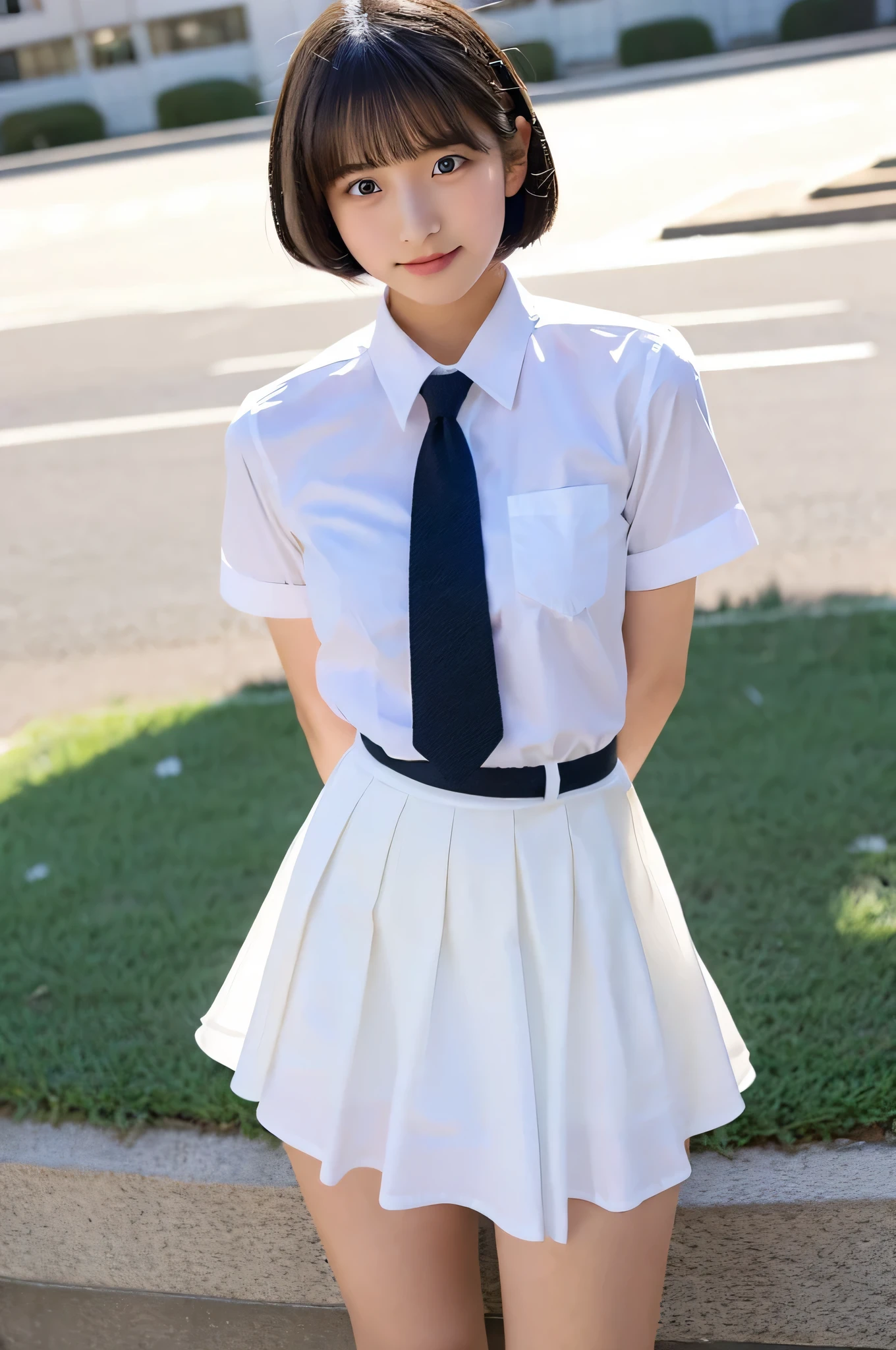 An 18-year-old high school girl wearing a uniform consisting of a white shirt and a super miniskirt..(black short bob)