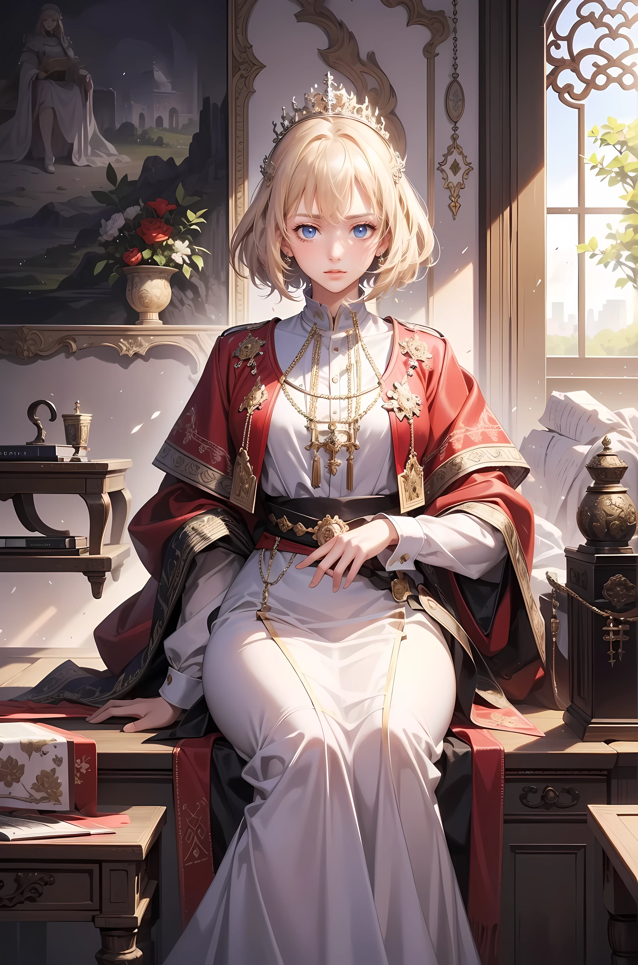 (masterpiece: 1.2, best quality), actual, (actual Picture, intricate details, depth of field), best quality, masterpiece, Very detailed, Semi actual, 1 girl, aldult, 21 years old, blond, shoulder-length short hair, The left eye is covered by hair, blue eyes, The king's clothes, red cloak, slim figure, precious gold crown, Read the documentation, Tag documents, quill, table, Soft stools, palace, 在palace殿里, medieval period