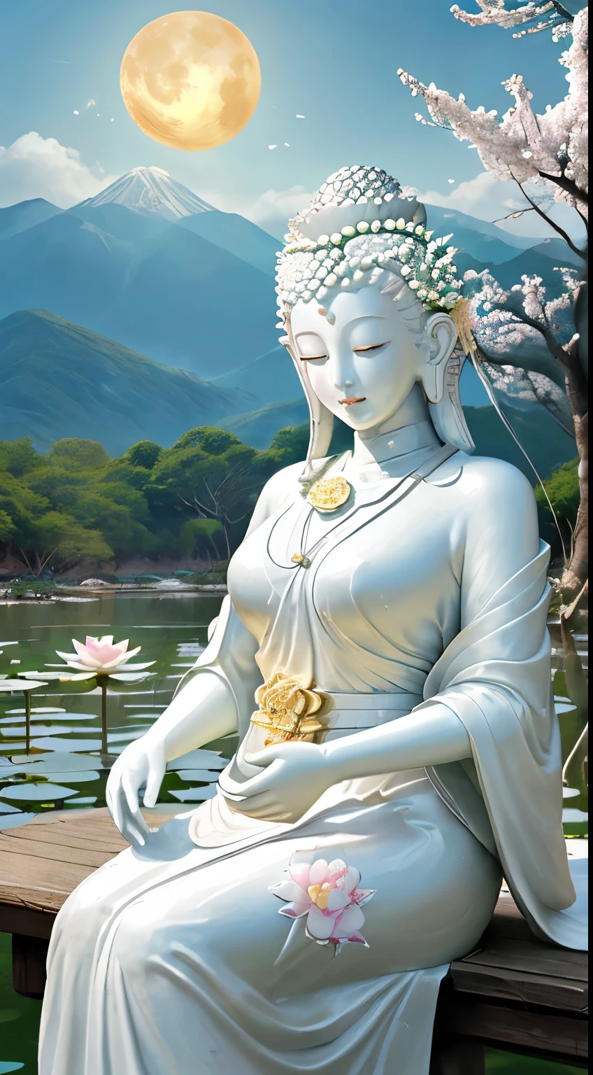 (masterpiece),(highest quality),(Super detailed), (Buddha statue), (body:1.2), 1 guanyin, guanyin, One, Hand Cloth, cross One's hands, put your hands together, bright white, floating in a powerful zen state, with lotus flowers, white skin, Amitayus,  sitting on a lotus flower, Holding hands and chanting the Buddha's name, huge moon, big lotus, temple, Wearing clothes, white skin, round face, kind, kind, look, Mountain, wood, cherry blossoms, forest, bird, cloud, dew, green, white skin, white pink, (beautiful detailed face), (surrealism), (close your eyes),