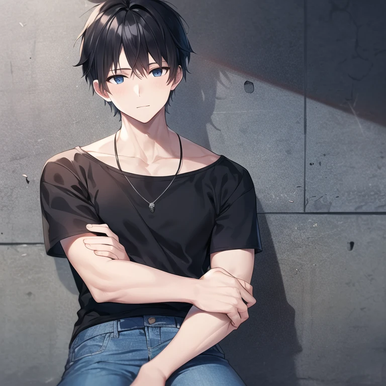 masterpiece, best quality, 1boy, solo, mature male, spiky hair, short hair, black hair, black eyes, white t-shirt, blue jeans, denim