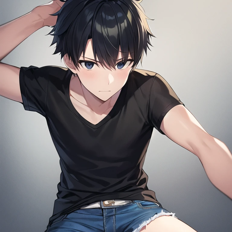 masterpiece, best quality, 1boy, solo, mature male, spiky hair, short hair, black hair, black eyes, white t-shirt, blue jeans, denim