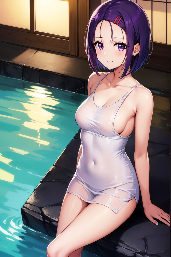 harunasairenji, haruna sairenji, hair ornament, hairclip, (purple eyes:1.1), purple hair, short hair, swept bangs, (forehead:1.3), masterpiece, best quality, haruna, 1gir,BREAK medium breasts, crossed legs, sitting, looking at the viewer, onsen, stone, night, blush, smile, sitting BREAK medium breasts, crossed legs, sitting, looking at the viewer, onsen, stone, night,armpits,cowboy shot、from above,looking at viewer,exposured skin, raw skin,exposure,towel on body