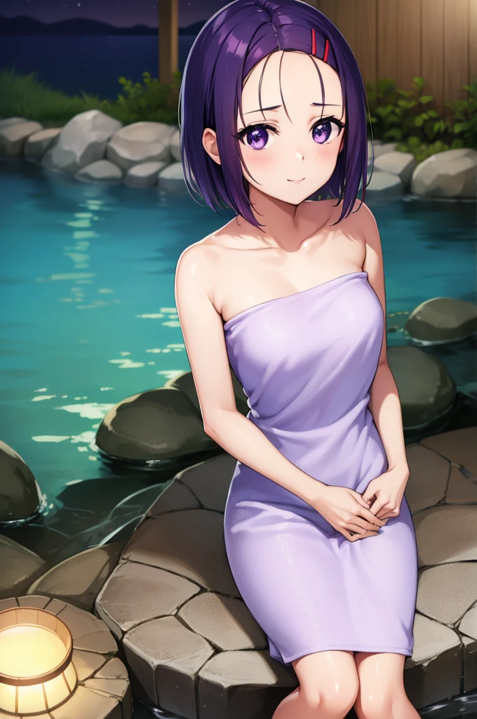 harunasairenji, haruna sairenji, hair ornament, hairclip, (purple eyes:1.1), purple hair, short hair, swept bangs, (forehead:1.3), masterpiece, best quality, haruna, 1gir,BREAK medium breasts, crossed legs, sitting, looking at the viewer, onsen, stone, night, blush, smile, sitting BREAK medium breasts, crossed legs, sitting, looking at the viewer, onsen, stone, night,armpits,cowboy shot、from above,looking at viewer,exposured skin, raw skin,exposure,towel on body