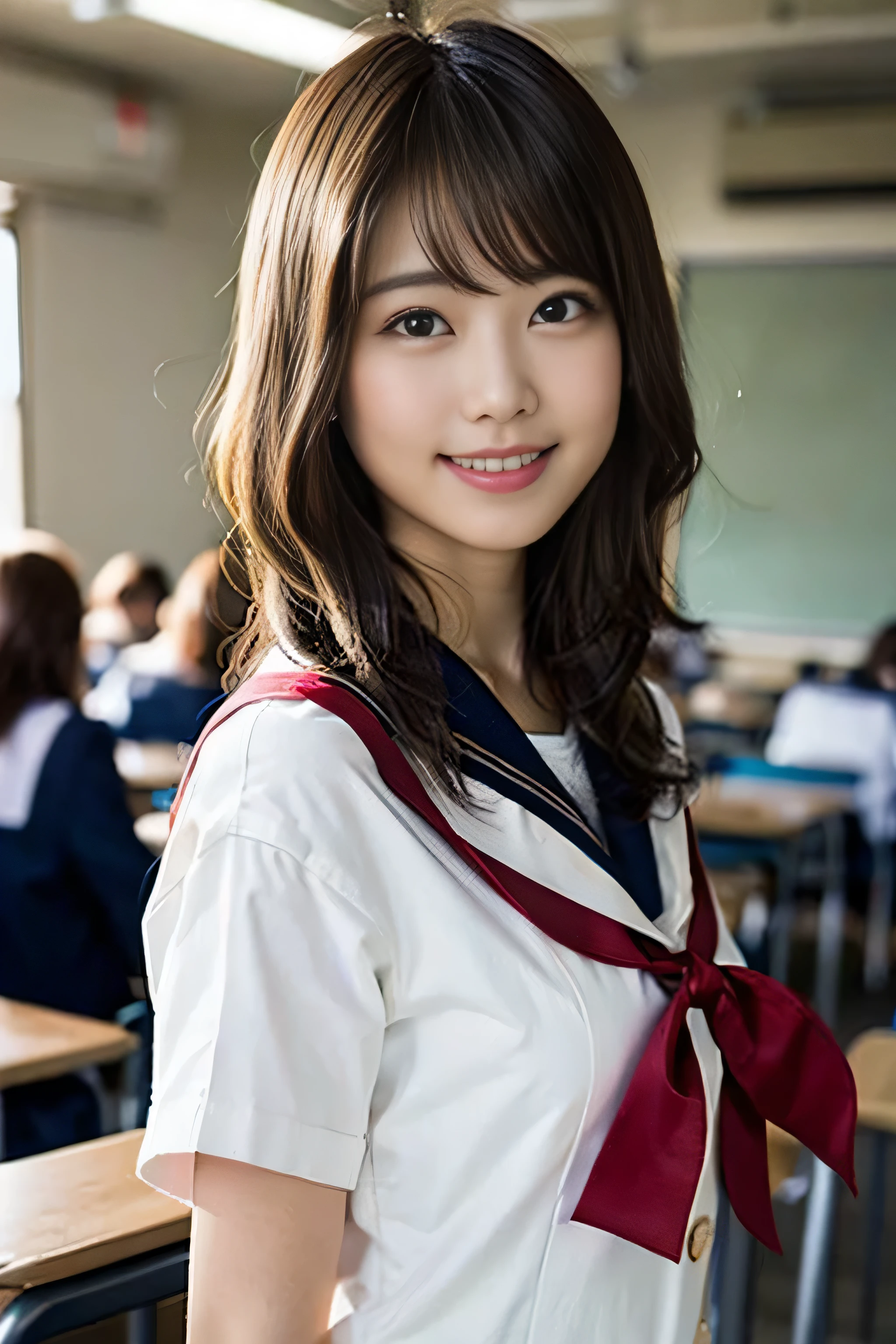 (8K、Raw photography、top-quality、​masterpiece:1.2)、(realisitic、Photorealsitic:1.37)、ultra-detailliert、超A high resolution、女の子1人、see the beholder、beautifull detailed face、A smile、Constriction、(Slim waist) :1.3)、Beautiful detailed skin、Skin Texture、Floating hair、Professional Lighting、Whole human body、Longhaire、a blond、japanese hight school uniform、a sailor suit、‎Classroom、Bob Hair、Panchira、Gray fabric underwear、E-cup、Happy smile、sixteen years old、Red ribbons
