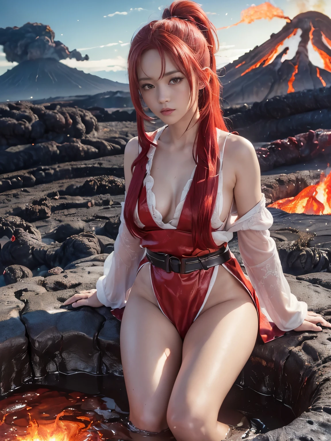 (masterpiece、Super detailed、8K、highest quality:1.5),((very cute)),best image quality, Two-dimensional beauty,semi-long,ponytail,(scarlet colored hair,Scarlet eyes:1.3),sensual figure,intricate details,charm, realistic texture, charmな,(active volcano crater,lava:1.3),He wears white robes all over his body,No sleeve,Sit on a rock