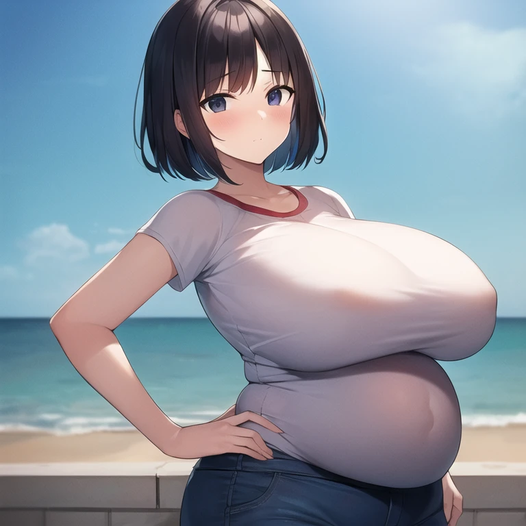 masterpiece, best quality, 1girl, solo, mature female, milf, motherly, gigantic breasts, narrow waist, wide hips, curvy, pregnant, spiky hair, short hair, black hair, black eyes, white t-shirt, blue jeans, denim