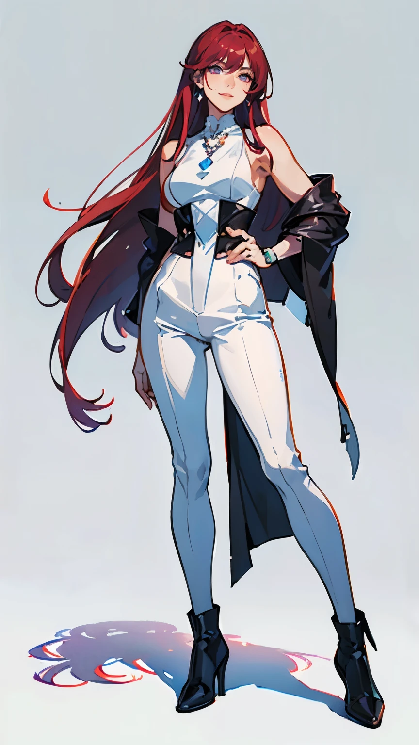 ((masterpiece,best quality,8k,highres)),((character concept art)), 1 female, young adult female, idol,singer, 170 cm height, long straight hair, curtain hair bangs (maroon hair colour), ultra finely detailed eyes (purple eyes colour), extraordinary gorgeous, charming, smirk smile, warm smile, medium breasts, hourglass body shape ((muscular)), ((intricate detail)), super finely detailed hands, ultra finely detailed fingers(((ten fingers))), sleeveless model outfit (white outfit colour), short pants, black chelsea boots, earrings, necklace, (standing still), (full body showcase), (show full body), (no logos on background), (no logo), ((plain background)), ((plain background)), (((empty background)))