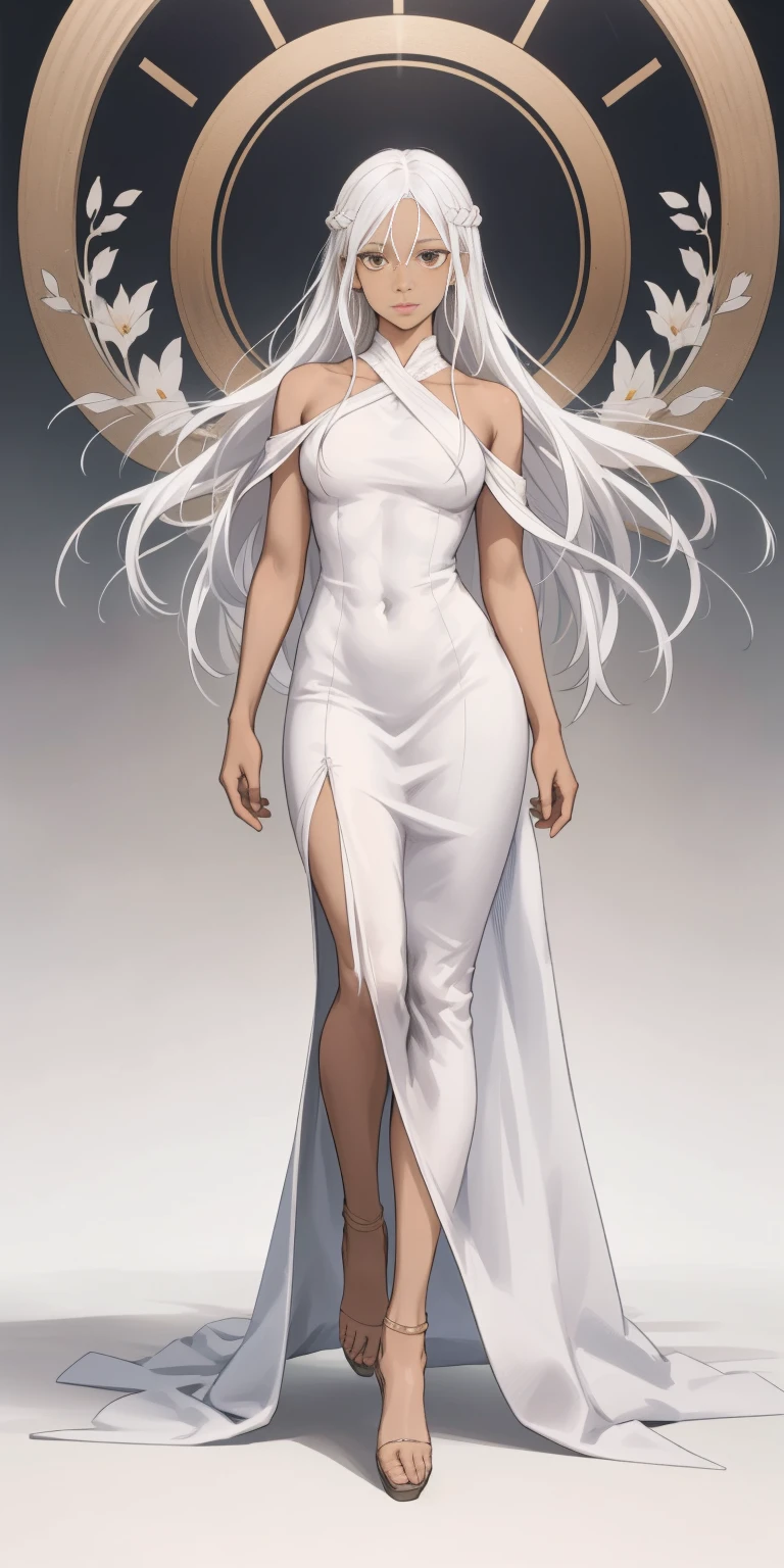 Best quality, best definition, best art, artwork, beautiful, painting, white hair, long white hair, perfect hair, long hair, perfect skin, black skin, brown skin, black skin, dress, long white dress, white dress, greek goddess dress, full body, whole body.