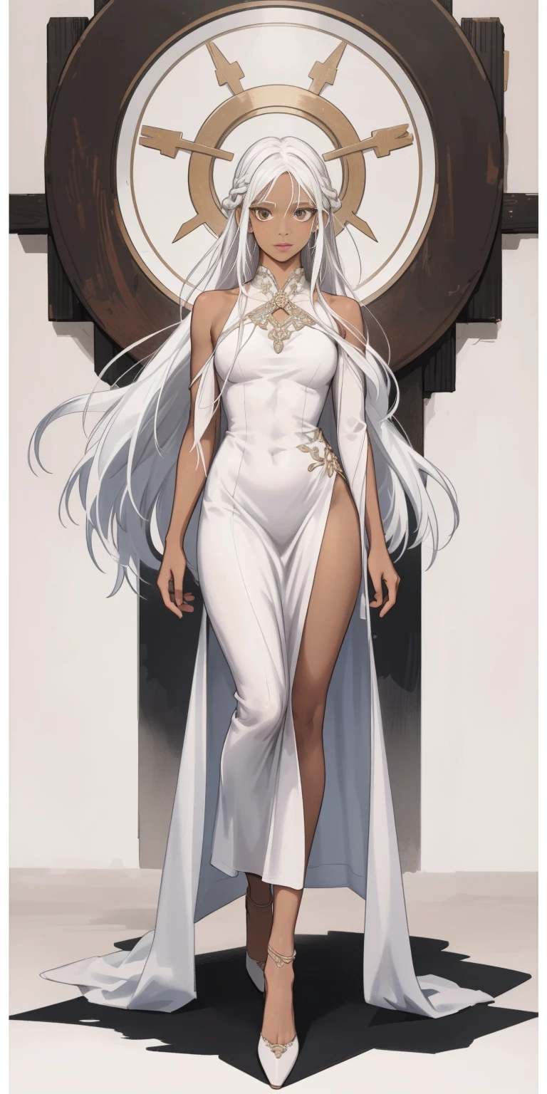Best quality, best definition, best art, artwork, beautiful, painting, white hair, long white hair, perfect hair, long hair, perfect skin, black skin, brown skin, black skin, dress, long white dress, white dress, greek goddess dress, full body, whole body.