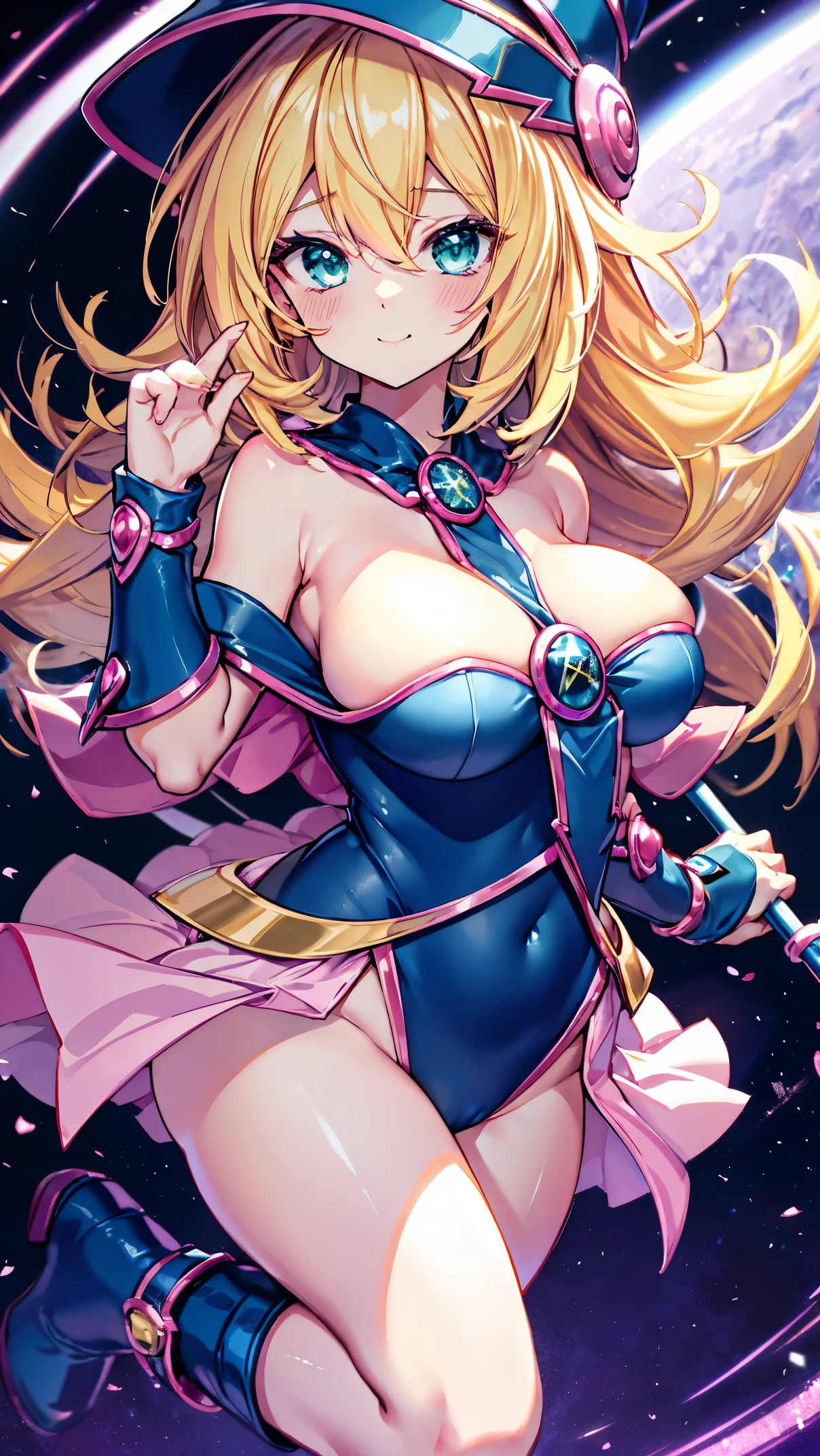 Black Magician Girl、super breasts、thick thighs、blonde hair、magic circle、8K, 4k, highest quality, High resolution: 1.2),winking、One breast exposed、cute anime face、Pink blush on cheeks、noise removal、Leotard that bites into、have a cane、Hold your cane、Rear view、Turning around、full body portrait、T-back that digs into your butt、Glowing green eyes、Laughter