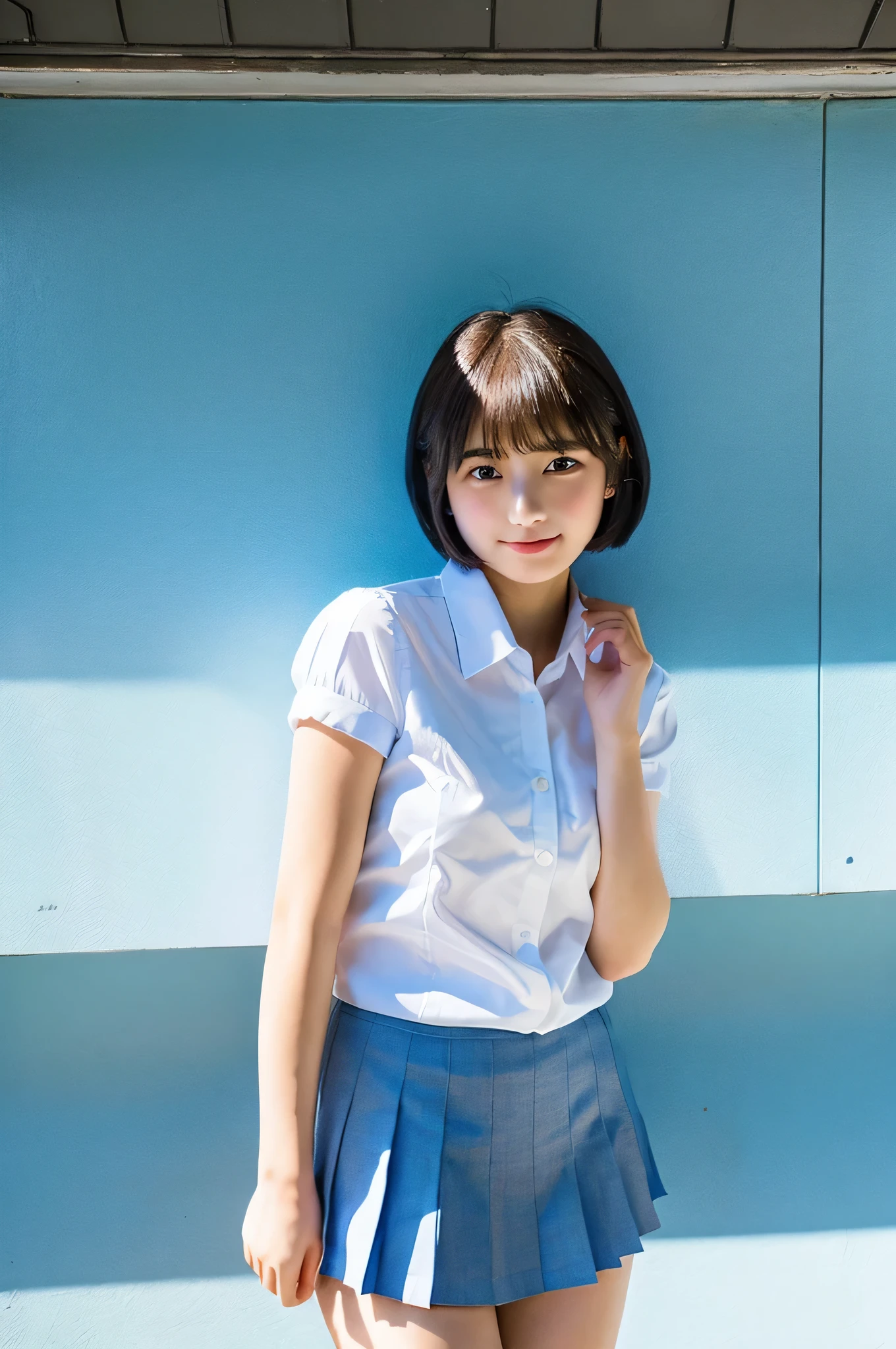 Top quality, 1 beautiful woman, super short Hair, wearing , shy-smile, at school